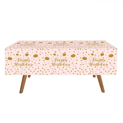 Față de Masă Petrecere, Model Happy Birthday, Culoare Roz și Auriu, Dimensiuni 180x120cm, Material Plastic foto