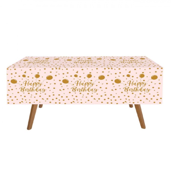Față de Masă Petrecere, Model Happy Birthday, Culoare Roz și Auriu, Dimensiuni 180x120cm, Material Plastic