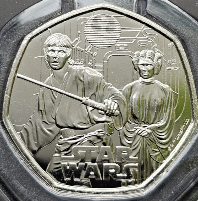 50 pence 2023 Marea Britanie, Luke Skywalker and Princess Leia, Star Wars, Bunc foto