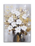 Cumpara ieftin Tablou flori albe cu auriu pictat manual, 70x50cm ulei pe panza in cutit efect 3D, Valentin Pop