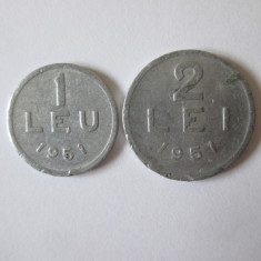 Romania lot 2 monede de 1 Leu și 2 Lei 1951 din aluminiu
