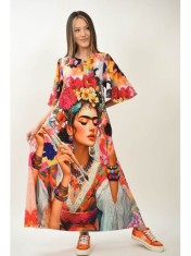 ROCHIE ARTISTICA LUNGA FRIDA FLORALE CU MANECA CLOPOT SI BUZUNARE TALIE UNICA Multicolora
