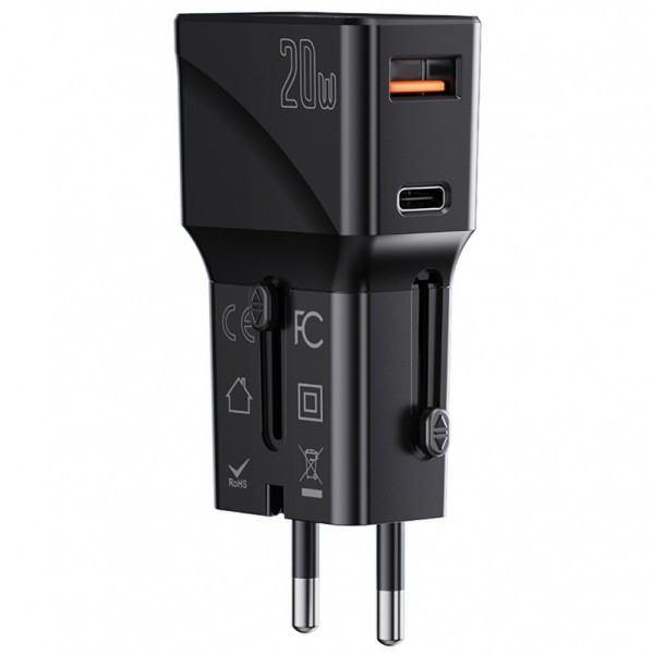 Incarcator Retea Yesido MC17 Travel, 20W, 3A, 1 x USB-A - 1 x USB-C, Negru