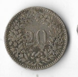 Moneda 20 rappen 1859 - Elvetia, putin lovita, billon, Europa, Argint