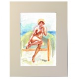 E17. Tablou - Nud la bai termale, acuarela pe hartie, Passpartout, 30 x 40 cm, Realism, RavariuArt