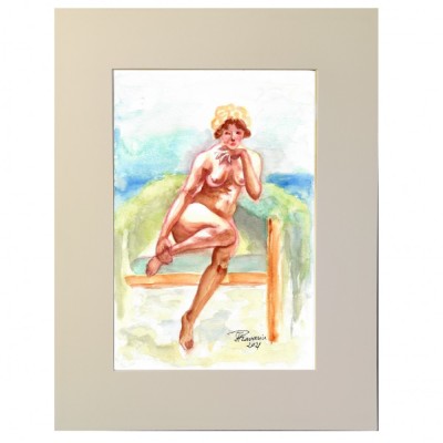E17. Tablou - Nud la bai termale, acuarela pe hartie, Passpartout, 30 x 40 cm foto