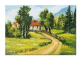 Cumpara ieftin Tablou pictat manual, Peisaj de la munte, la casa bunicilor, 70x50cm ulei pe panza, Constantin Feraru