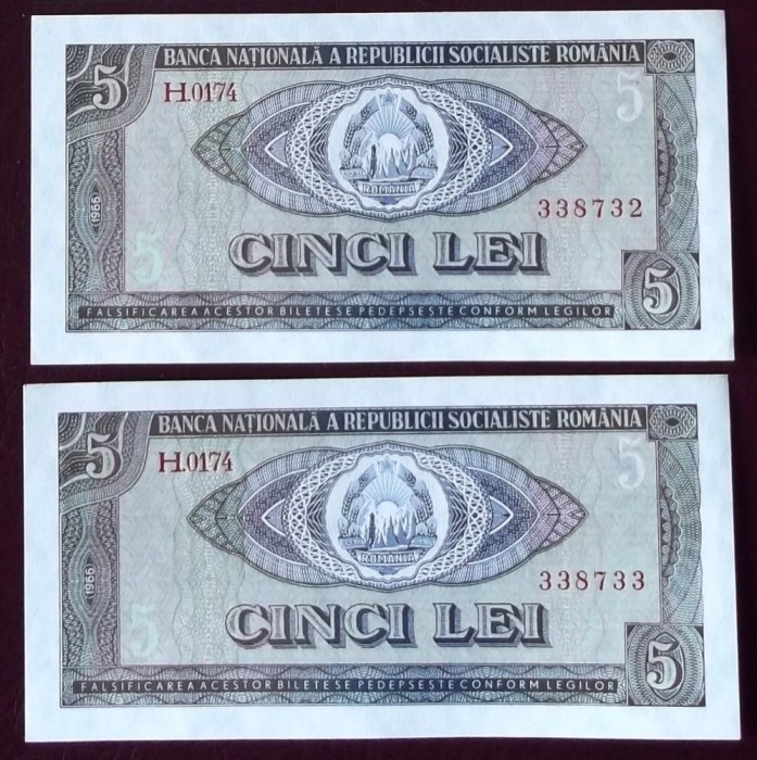 Romania 2 x 5 Lei 1966 serii consecutive 732 733 aUNC si UNC **