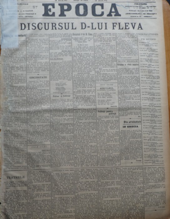 Ziarul Epoca, 10 Decembrie 1899 ; Discursul Domnului Fleva
