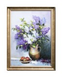 Tablou vaza cu liliac si fructe pictat manual inramat, Emotii, 80x60cm ulei pe panza rama din lemn, Geo Ungureanu