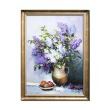 Tablou vaza cu liliac si fructe pictat manual inramat, Emotii, 80x60cm ulei pe panza rama din lemn, Geo Ungureanu
