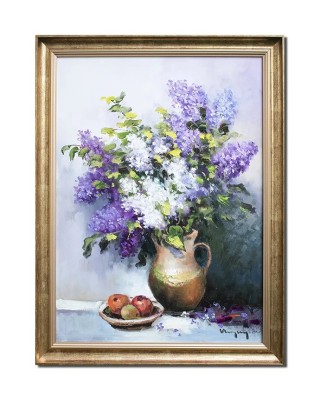 Tablou vaza cu liliac si fructe pictat manual inramat, Emotii, 80x60cm ulei pe panza rama din lemn, Geo Ungureanu foto