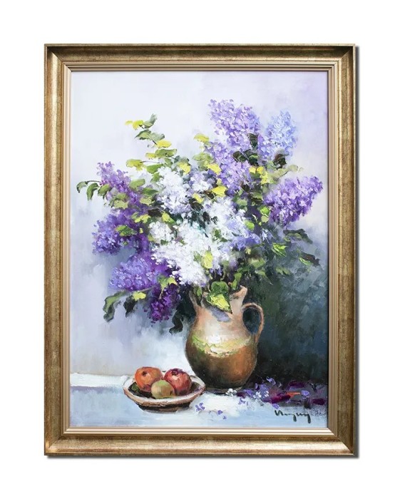 Tablou vaza cu liliac si fructe pictat manual inramat, Emotii, 80x60cm ulei pe panza rama din lemn, Geo Ungureanu