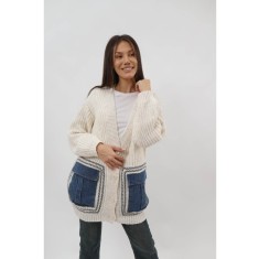 CARDIGAN MIDI TRICOTAT CU BUZUNARE DENIM OVERSIZE ALARA TALIE UNICA Ivory