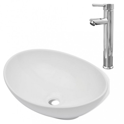 Chiuvetă de baie cu robinet mixer, ceramică, oval, alb foto