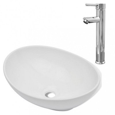 Chiuveta de baie cu robinet mixer, ceramica, oval, alb foto