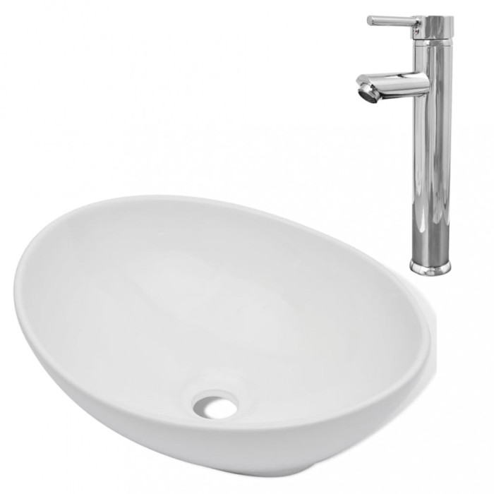 Chiuveta de baie cu robinet mixer, ceramica, oval, alb