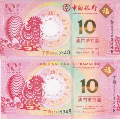 Bancnota Macao 10 Patacas 2017 - UNC ( Anul cocosului - set x2 BNU si BoC ) foto