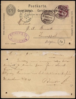 Switzerland 1895 Uprated postcard stationery Winterthur to Jemappes DB.135 foto
