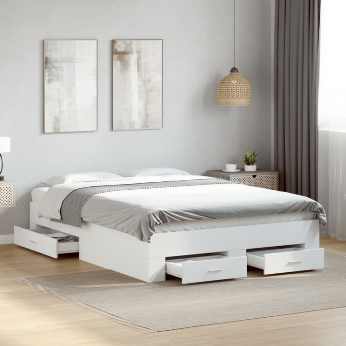 vidaXL Cadru de pat cu sertare, alb, 135x190 cm, lemn prelucrat 3280405