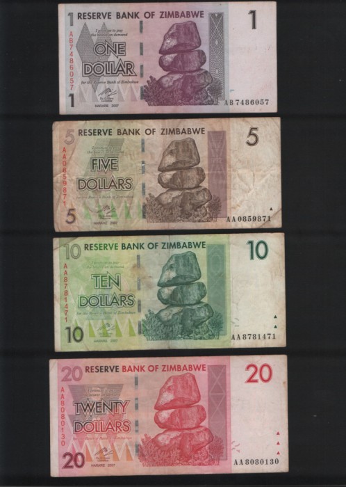 Set Zimbabwe 1 + 5 + 10 + 20 + 100 + 500 + 1000 dollars 2007 F-VF