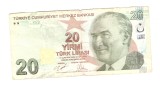 Bancnota Turcia 20 lire 2009 (2020), seria E, circulata, stare relativ buna