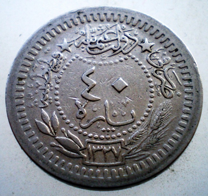 2.367 TURCIA IMPERIUL OTOMAN MUHAMMAD V 40 PARA 1327/3/1910
