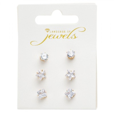 Cercei Stud, Language of Jewels, Auriu, 3 Perechi, Piatra Albă, Rotund, Pătrat, Stea foto
