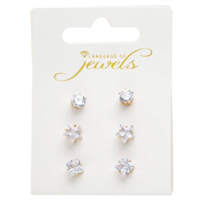 Cercei Stud, Language of Jewels, Auriu, 3 Perechi, Piatra Albă, Rotund, Pătrat, Stea