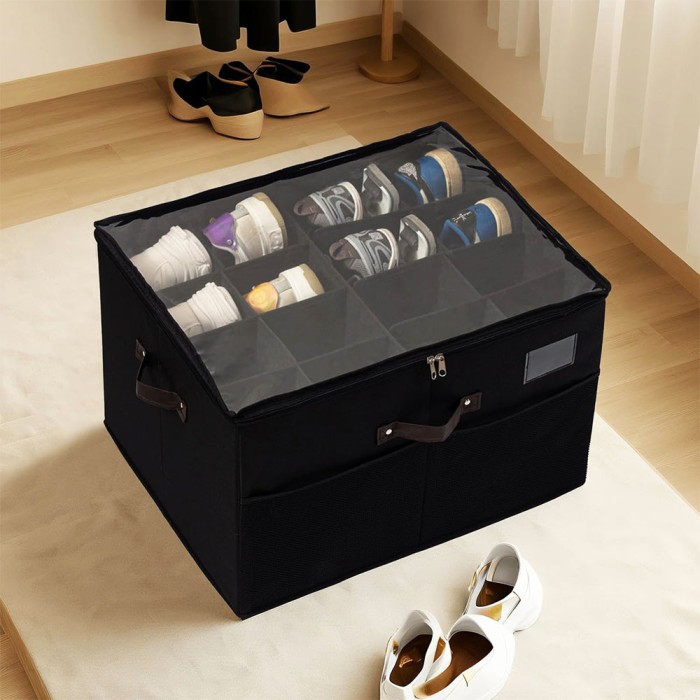 Cutie de depozitare pentru pantofi, pliabila, capac transparent si fermoar, 53x42x33 cm, 16 compartimente, negru