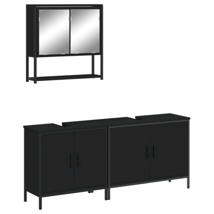 Set mobilier de baie, 3 piese, negru, lemn compozit