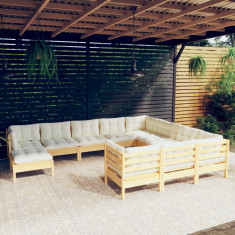 vidaXL Set mobilier grădină cu perne crem, 11 piese, lemn de pin