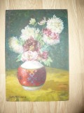 Tablou ulei pe Placaj semnat Letitia Al. Stamatiad - Crizanteme 1925 ,dim.=51x33