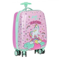 Troler Copii, Model Unicorn, Roz/Verde, 22L, 4 Roti Duble, 30x21x50 cm, Maner T, Copolimer ABS