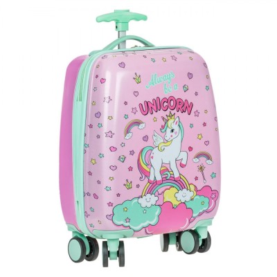 Troler Copii, Model Unicorn, Roz/Verde, 22L, 4 Roti Duble, 30x21x50 cm, Maner T, Copolimer ABS foto