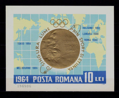 RO 1964 LP 597 &amp;quot;Medalii Olimpice - Tokio &amp;#039;64 &amp;quot; ,colita 59 , MNH foto