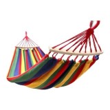 Hamac din bumbac, pentru relaxare, dimensiuni 180 x 80 cm, cu bara de lemn, greutate maxima suportata 150kg, multicolor