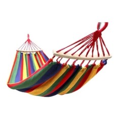 Hamac din bumbac, pentru relaxare, dimensiuni 180 x 80 cm, cu bara de lemn, greutate maxima suportata 150kg, multicolor