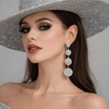 Cercei Lady Marina eleganti cu strasuri, argintii, lungime 9 cm, din aliaj zinc si strasuri