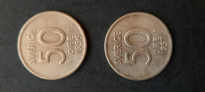 Lot monede de argint 2 x 50 &Ouml;re 1956 si 1957, Suedia - B 2164