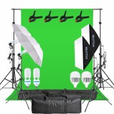 Kit studio foto video green screen profesional, 2 softboxuri, 2 umbrele, 2 becuri fluorescente 150W si 2 LED 150W 5500K cu telecomanda, stative 200 cm