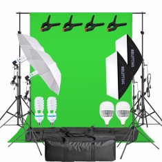Kit studio foto video green screen profesional, 2 softboxuri, 2 umbrele, 2 becuri fluorescente 150W si 2 LED 120W 5500K cu telecomanda, stative 200 cm