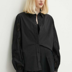 Sisley camasa din bumbac femei, culoarea negru, cu guler clasic, relaxed