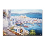 Tablou gigant pictat manual, Santorini, colt de rai, 120x80cm ulei pe panza in cutit efect 3D, Magistral
