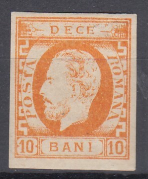 ROMANIA 1871 LP 31 REGELE CAROL I CU BARBA 10 BANI PORTOCALIU GUMA ORIGINALA SARNIERA POINCON foto