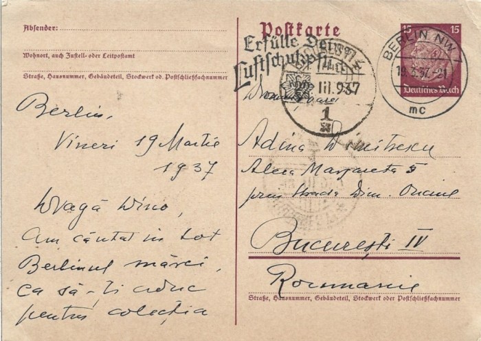 A4034N Virgil Popescu-R&acirc;mniceanu, carte poștală olografă, 1937