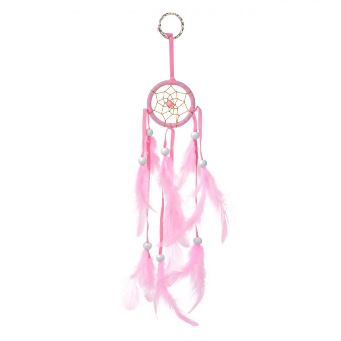 Breloc Dreamcatcher Decorativ, Model Roz, Pene și Mărgele Albe, 5x23cm