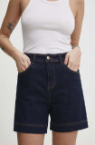 Answear Lab pantaloni scurti jeans femei, culoarea albastru marin, neted, high waist