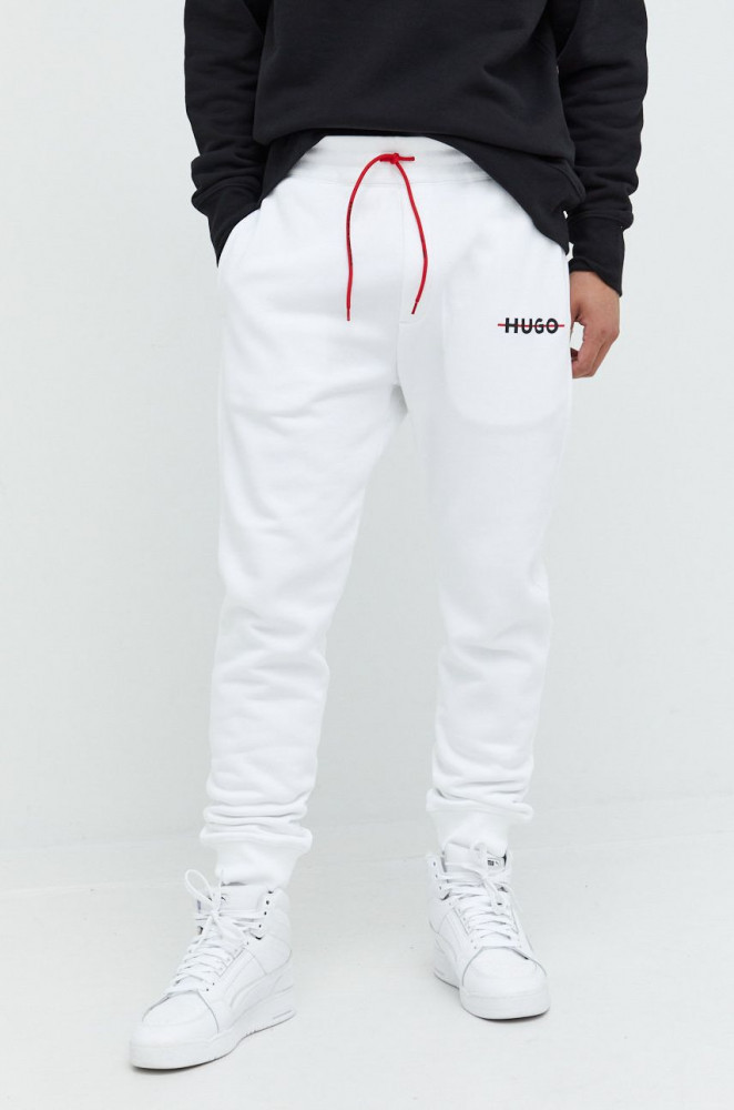 HUGO pantaloni de trening barbati, culoarea alb, cu imprimeu | Okazii.ro