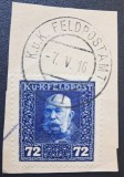 Imperiul Austro-Ungar (Feldpost WWI) 1915-Marcă Poștală Militară de Război (K.u.K. Feldpost) Franz Joseph I 72 Heller Albastru pe Decupaj -TG1